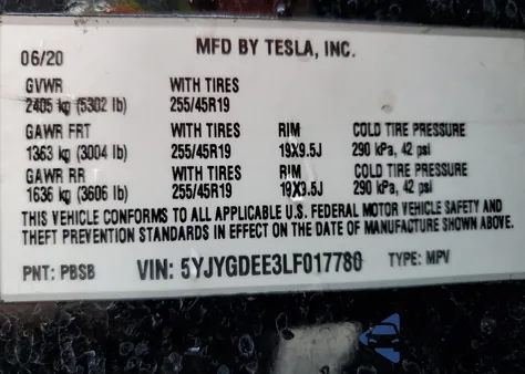 2020 Tesla Model Y из США, поврежденный, VIN 5YJYGDEE3LF017780